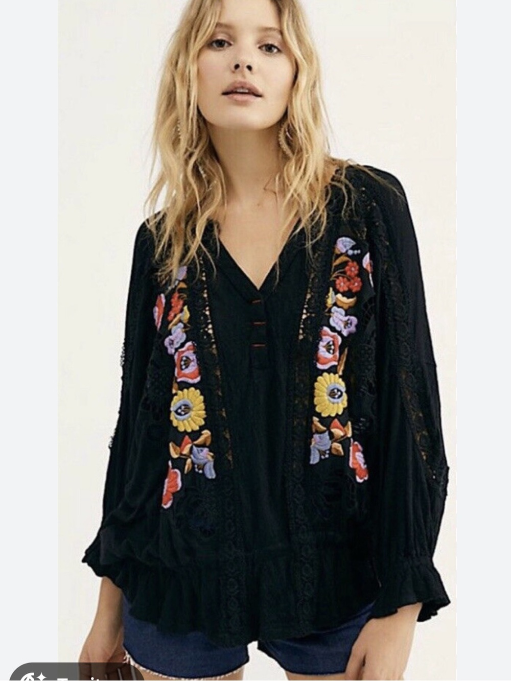 Free People Blouse Black Embroidered Oversized Boho Western